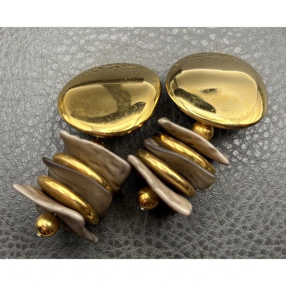 Vintage 80s Huge Runway Bold Dangle Drop Clip Earrings Gold Tone